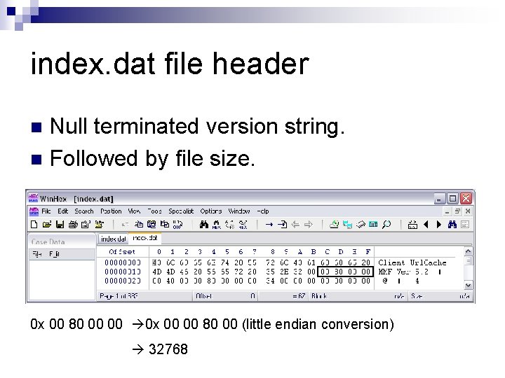 index. dat file header Null terminated version string. n Followed by file size. n