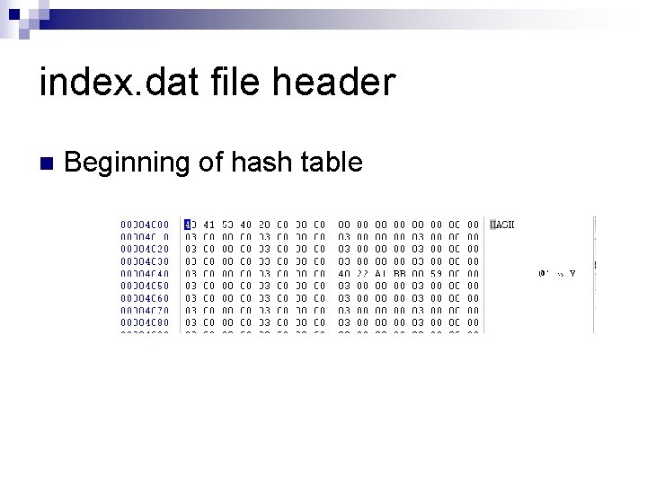 index. dat file header n Beginning of hash table 