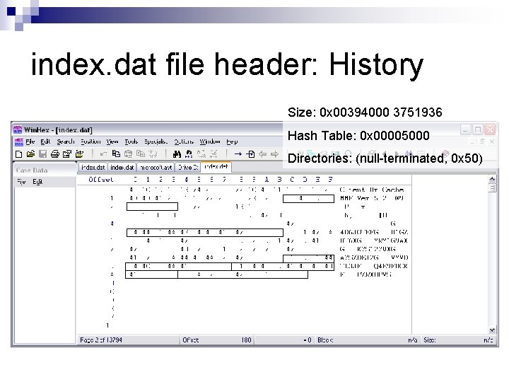 index. dat file header: History Size: 0 x 00394000 3751936 Hash Table: 0 x