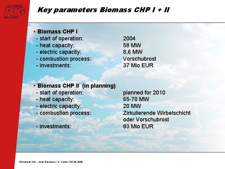 Key parameters Biomass CHP I + II § Biomass CHP I - start of