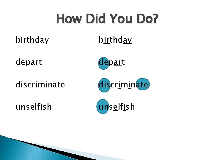 How Did You Do? birthday depart discriminate unselfish 