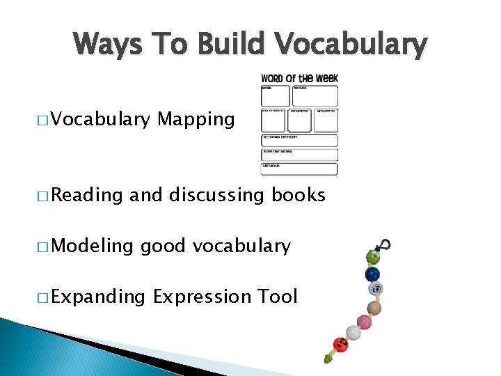 Ways To Build Vocabulary � Reading Mapping and discussing books � Modeling good vocabulary