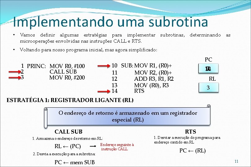 Implementando uma subrotina • Vamos definir algumas estratégias para implementar microoperações envolvidas nas instruções