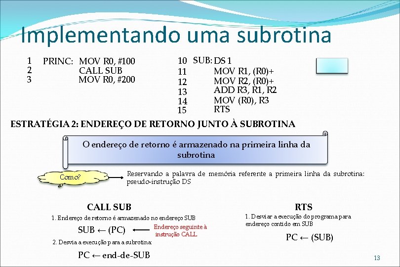 Implementando uma subrotina 1 2 3 PRINC: MOV R 0, #100 CALL SUB MOV