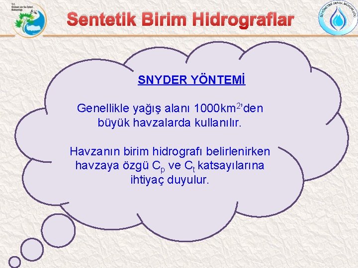 Sentetik Birim Hidrograflar SNYDER YÖNTEMİ Genellikle yağış alanı 1000 km 2’den büyük havzalarda kullanılır.