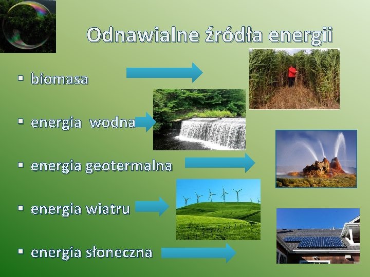 Odnawialne źródła energii § biomasa § energia wodna § energia geotermalna § energia wiatru