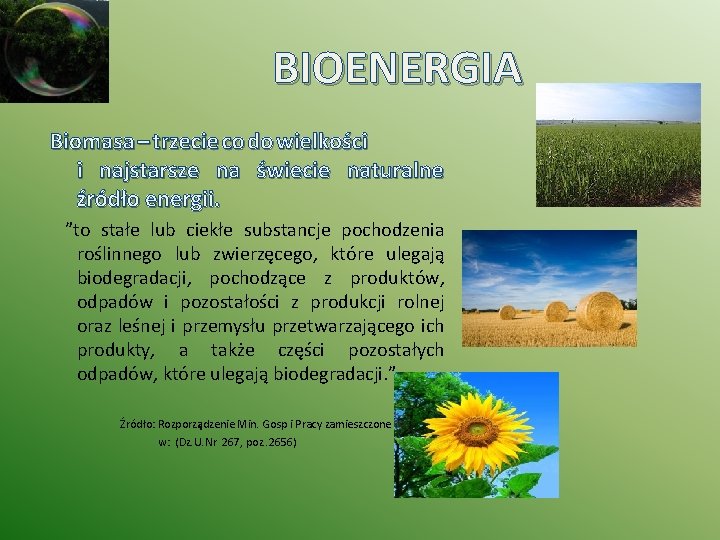 BIOENERGIA Biomasa – trzecie co do wielkości i najstarsze na świecie naturalne źródło energii.