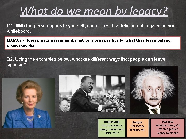 What do we mean by legacy? Q 1. With the person opposite yourself, come