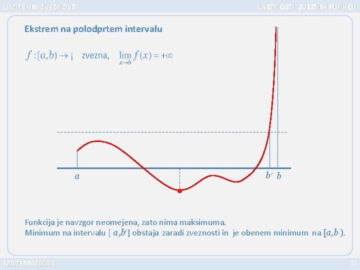 LIMITE IN ZVEZNOST LASTNOSTI ZVEZNIH FUNKCIJ Ekstrem na polodprtem intervalu a b’ b Funkcija