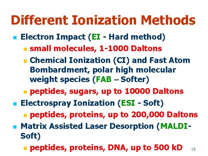 Different Ionization Methods n n n Electron Impact (EI - Hard method) n small