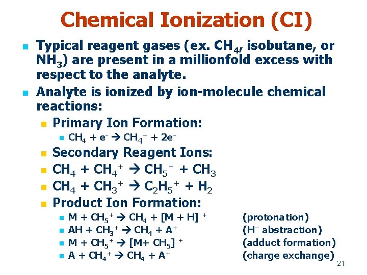 Chemical Ionization (CI) n n Typical reagent gases (ex. CH 4, isobutane, or NH