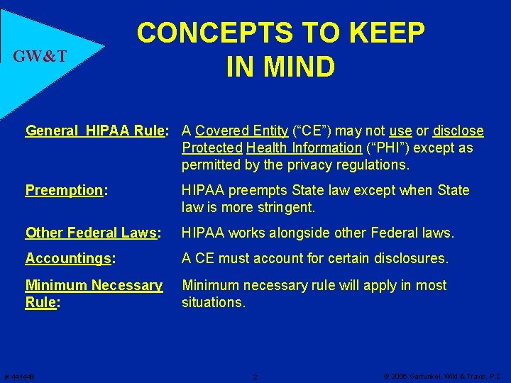 GW&T CONCEPTS TO KEEP IN MIND General HIPAA Rule: A Covered Entity (“CE”) may