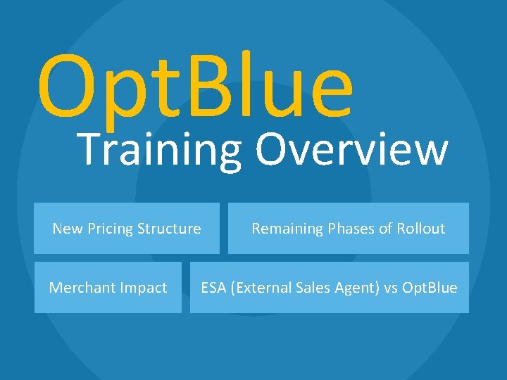 Opt. Blue Training Overview New Pricing Structure Merchant Impact Remaining Phases of Rollout ESA