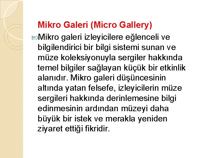 Mikro Galeri (Micro Gallery) Mikro galeri izleyicilere eğlenceli ve bilgilendirici bir bilgi sistemi sunan