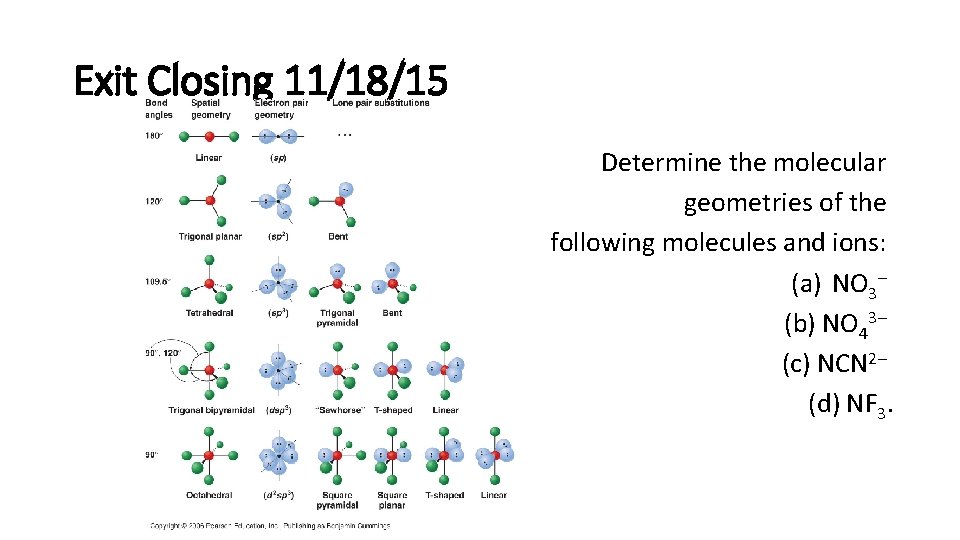 Exit Closing 11/18/15 Determine the molecular geometries of the following molecules and ions: (a)