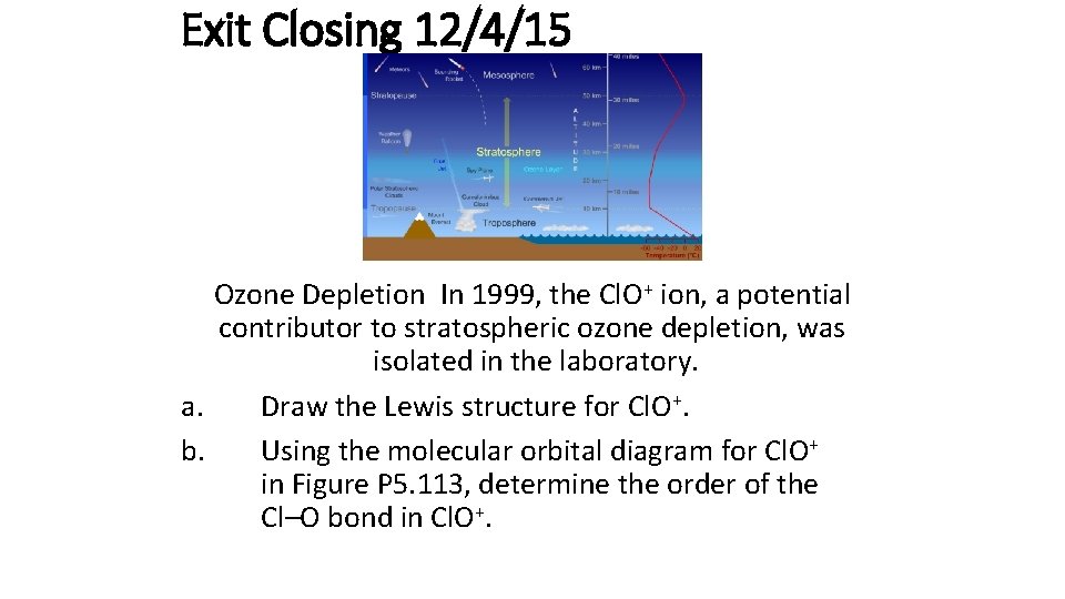 Exit Closing 12/4/15 Ozone Depletion In 1999, the Cl. O+ ion, a potential contributor to