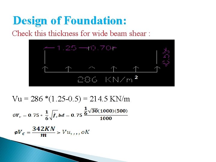 Design of Foundation: Check this thickness for wide beam shear : Vu = 286