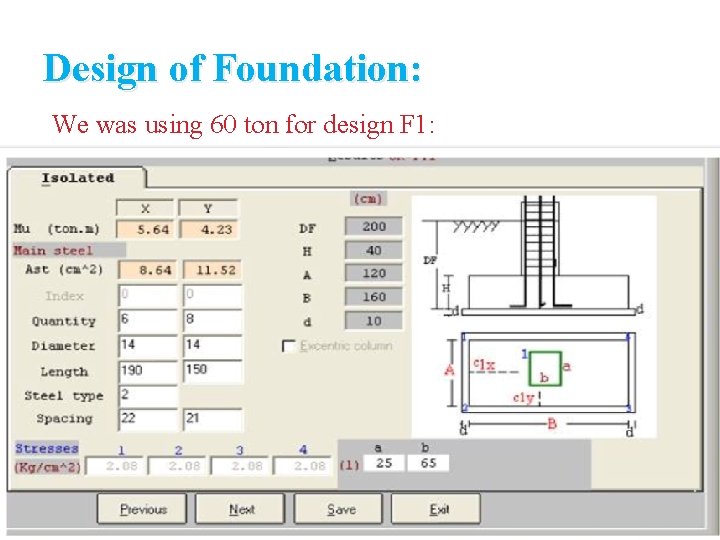 Design of Foundation: We was using 60 ton for design F 1: 