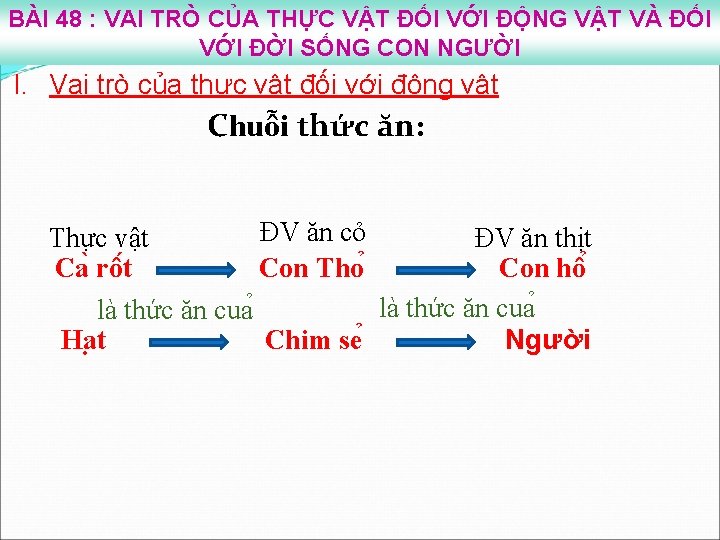 BÀI 48 : VAI TRÒ CỦA THỰC VẬT ĐỐI VỚI ĐỘNG VẬT VÀ ĐỐI