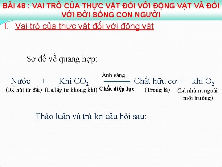 BÀI 48 : VAI TRÒ CỦA THỰC VẬT ĐỐI VỚI ĐỘNG VẬT VÀ ĐỐI