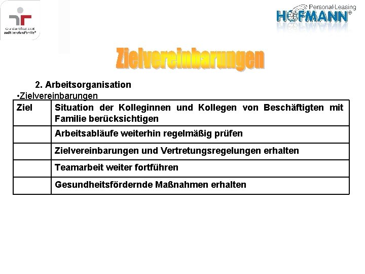 2. Arbeitsorganisation • Zielvereinbarungen Ziel Situation der Kolleginnen und Kollegen von Beschäftigten mit Familie