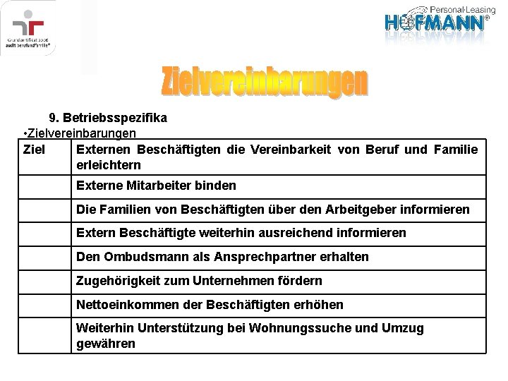 9. Betriebsspezifika • Zielvereinbarungen Ziel Externen Beschäftigten die Vereinbarkeit von Beruf und Familie erleichtern