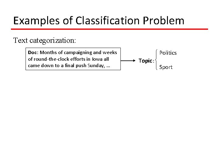 Examples of Classification Problem Text categorization: Doc: Months of campaigning and weeks of round-the-clock