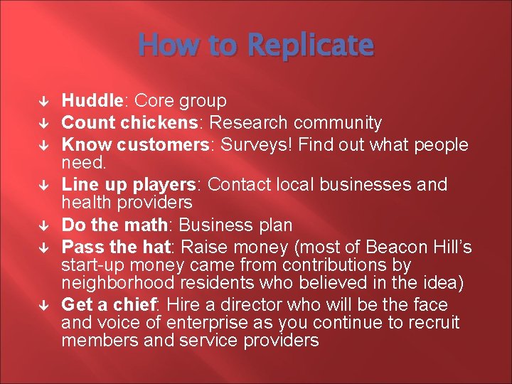 How to Replicate Huddle: Core group Count chickens: Research community Know customers: Surveys! Find