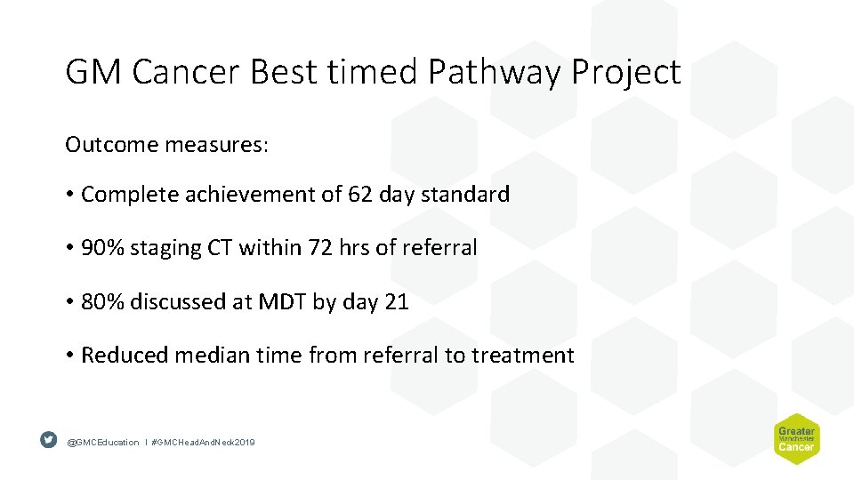 GM Cancer Best timed Pathway Project Outcome measures: • Complete achievement of 62 day