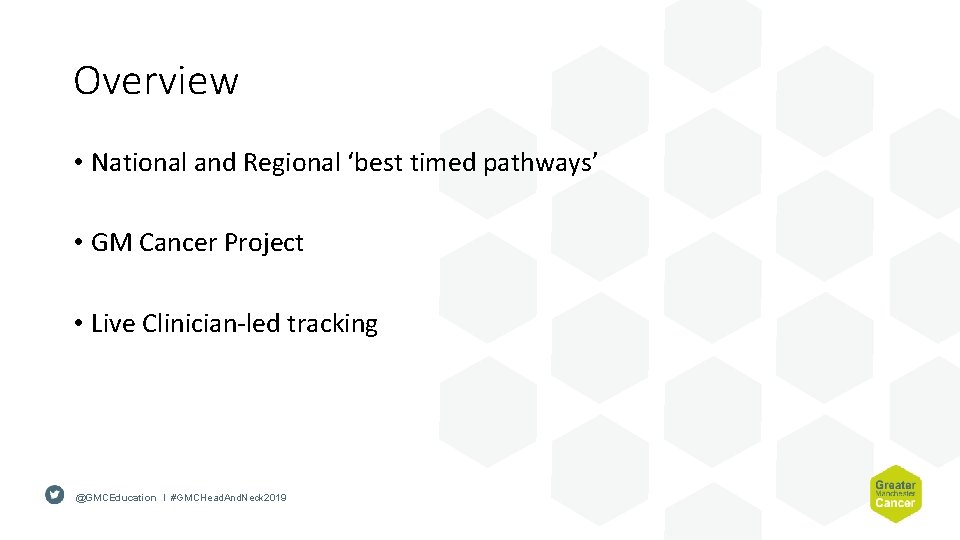 Overview • National and Regional ‘best timed pathways’ • GM Cancer Project • Live