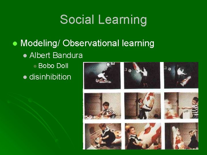 Social Learning l Modeling/ Observational learning l Albert Bandura l Bobo Doll l disinhibition