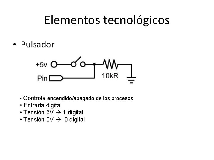 Elementos tecnológicos • Pulsador • Controla encendido/apagado de los procesos • Entrada digital •