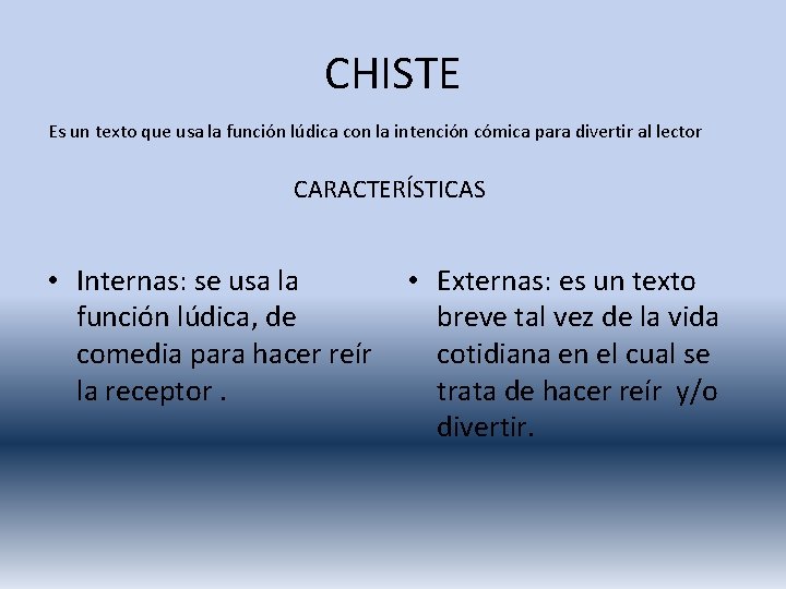 CHISTE Es un texto que usa la función lúdica con la intención cómica para