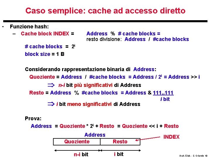 Caso semplice: cache ad accesso diretto • Funzione hash: – Cache block INDEX =