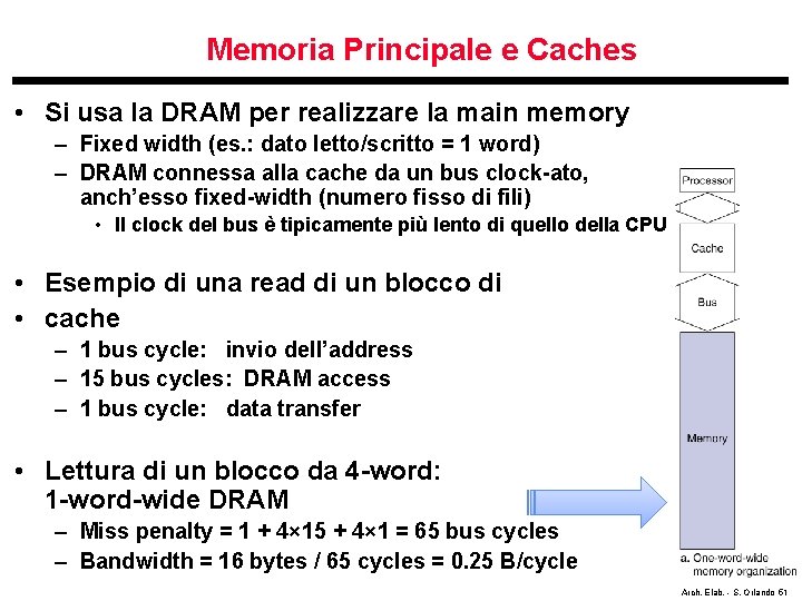 Memoria Principale e Caches • Si usa la DRAM per realizzare la main memory