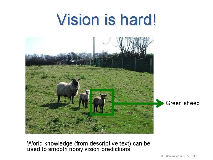 Vision is hard! Green sheep World knowledge (from descriptive text) can be used to
