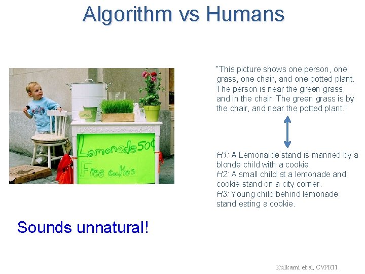 Algorithm vs Humans “This picture shows one person, one grass, one chair, and one