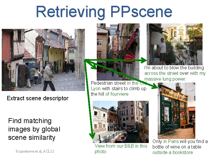 Retrieving PPscene Extract scene descriptor Find matching images by global scene similarity Kuznetsova et