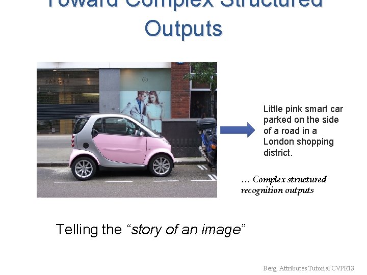 Toward Complex Structured Outputs Little pink smart car parked on the side of a