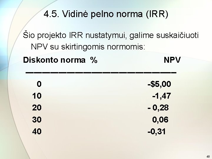 4. 5. Vidinė pelno norma (IRR) Šio projekto IRR nustatymui, galime suskaičiuoti NPV su