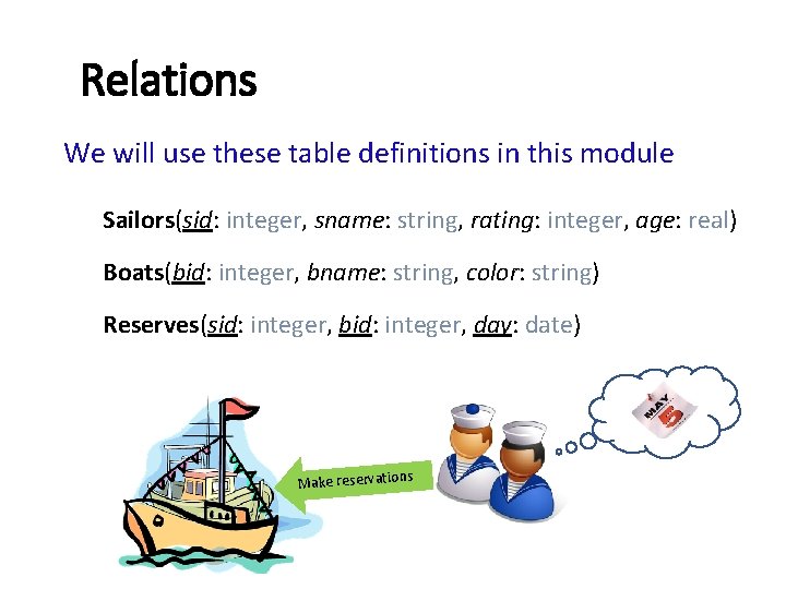 Relations We will use these table definitions in this module Sailors(sid: integer, sname: string,