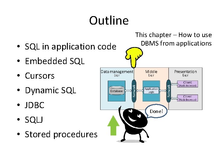 Outline • • SQL in application code This chapter – How to use DBMS
