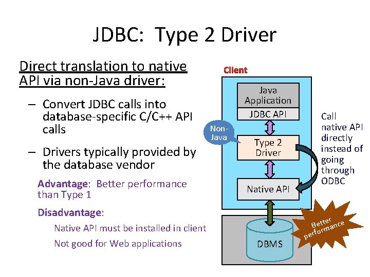 JDBC: Type 2 Driver Direct translation to native API via non-Java driver: – Convert