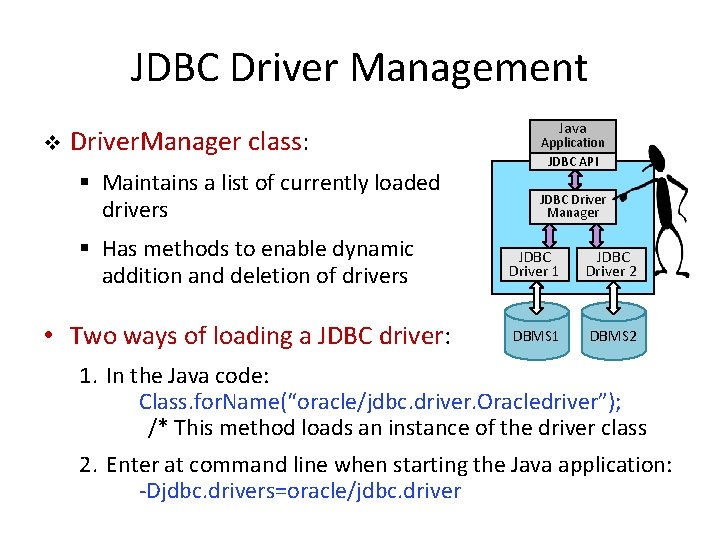 JDBC Driver Management v Driver. Manager class: § Maintains a list of currently loaded