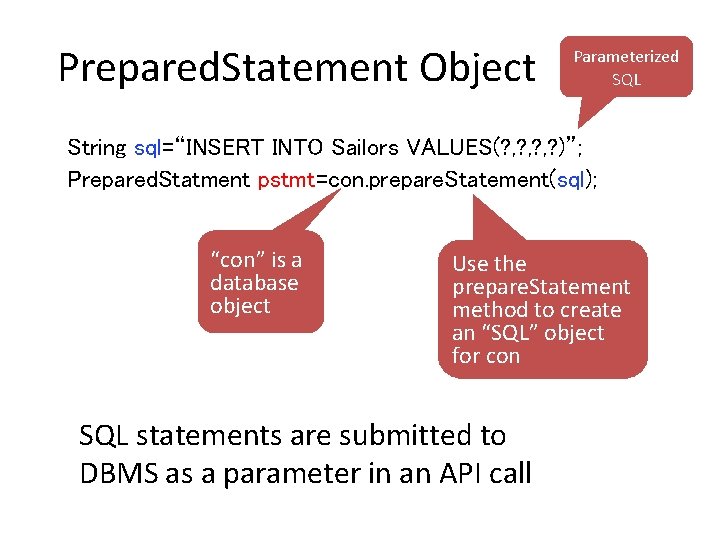 Prepared. Statement Object Parameterized SQL String sql=“INSERT INTO Sailors VALUES(? , ? , ?