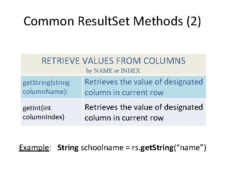Common Result. Set Methods (2) RETRIEVE VALUES FROM COLUMNS by NAME or INDEX get.