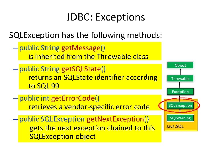 JDBC: Exceptions SQLException has the following methods: – public String get. Message() is inherited