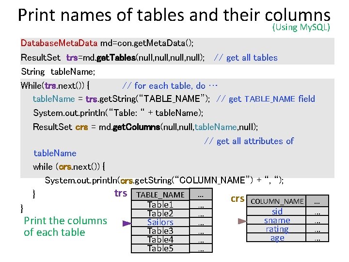 Print names of tables and their columns (Using My. SQL) Database. Meta. Data md=con.