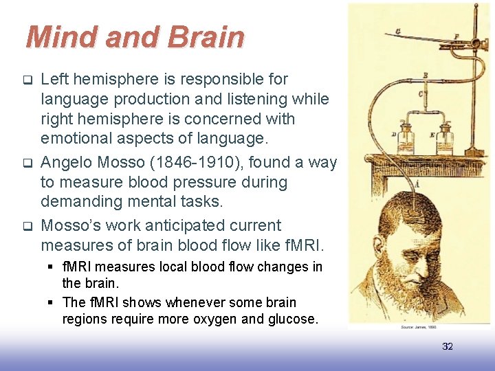 Mind and Brain q q q Left hemisphere is responsible for language production and