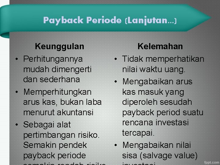 Payback Periode (Lanjutan. . . ) Keunggulan • Perhitungannya mudah dimengerti dan sederhana •